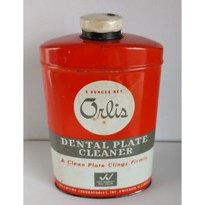Vintage Orlis Orange Tin Can Full Denture Plate Cleaner for False Teeth